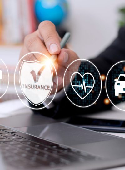 Online insurance on virtual screen. Life, car, property, health and family. Internet and digital technology concept.